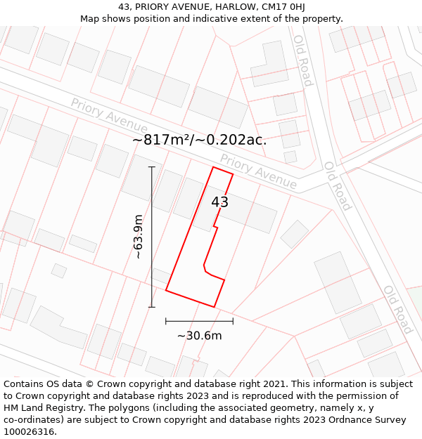 43, PRIORY AVENUE, HARLOW, CM17 0HJ: Plot and title map