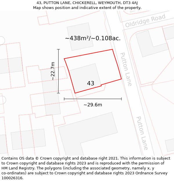 43, PUTTON LANE, CHICKERELL, WEYMOUTH, DT3 4AJ: Plot and title map