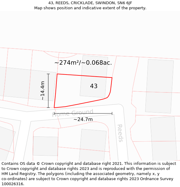 43, REEDS, CRICKLADE, SWINDON, SN6 6JF: Plot and title map