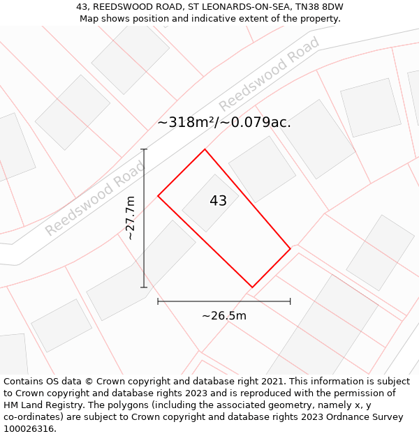 43, REEDSWOOD ROAD, ST LEONARDS-ON-SEA, TN38 8DW: Plot and title map