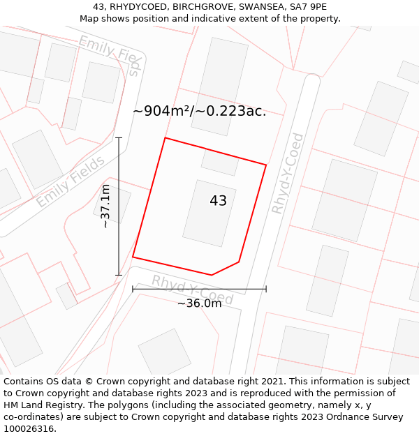 43, RHYDYCOED, BIRCHGROVE, SWANSEA, SA7 9PE: Plot and title map