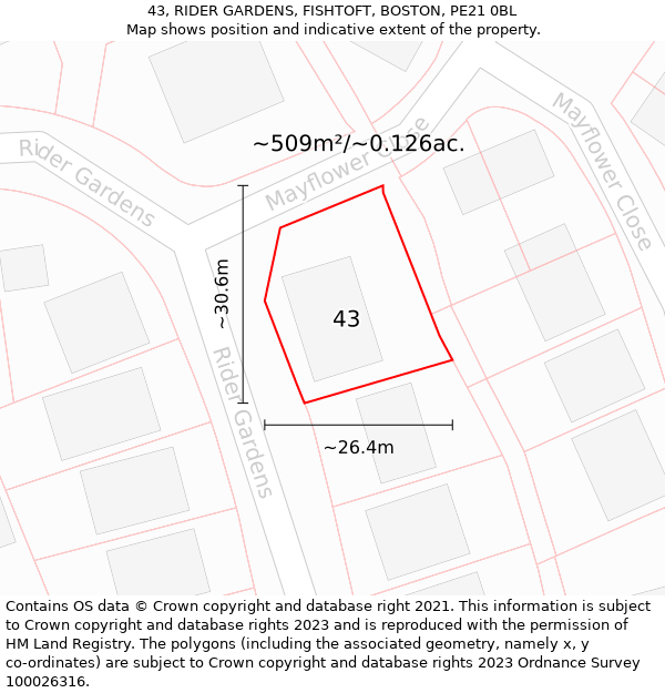 43, RIDER GARDENS, FISHTOFT, BOSTON, PE21 0BL: Plot and title map