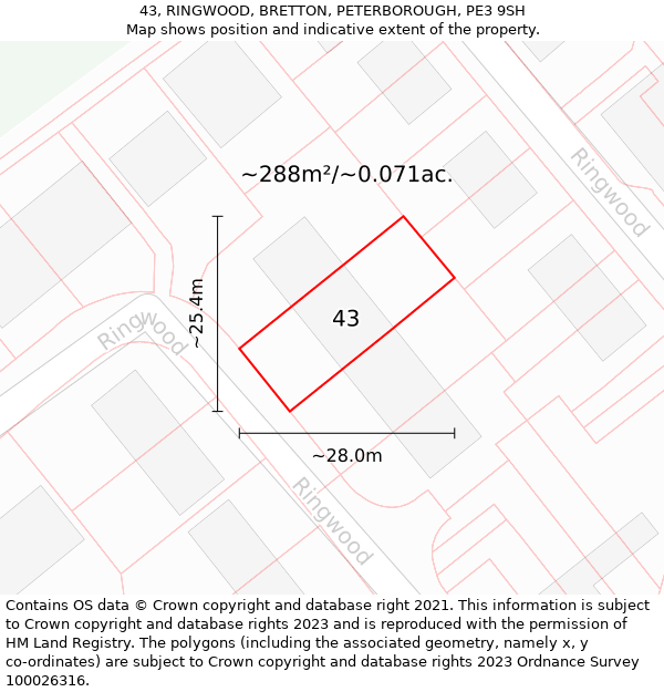 43, RINGWOOD, BRETTON, PETERBOROUGH, PE3 9SH: Plot and title map