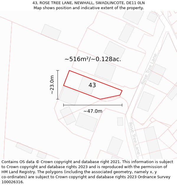 43, ROSE TREE LANE, NEWHALL, SWADLINCOTE, DE11 0LN: Plot and title map