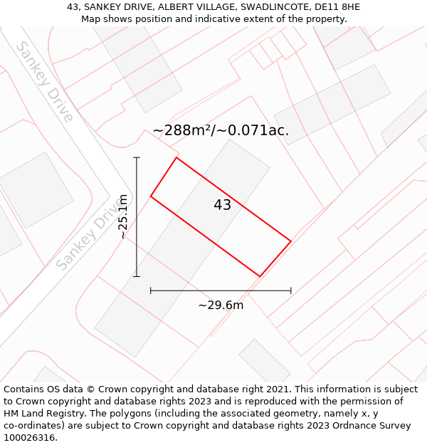 43, SANKEY DRIVE, ALBERT VILLAGE, SWADLINCOTE, DE11 8HE: Plot and title map