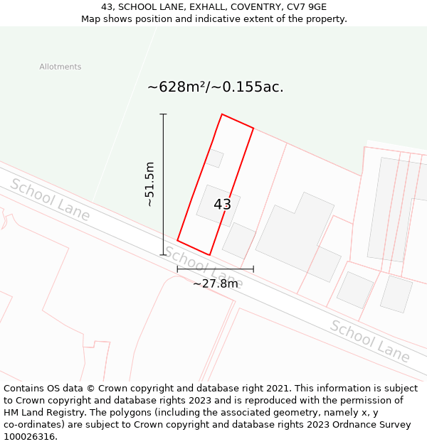 43, SCHOOL LANE, EXHALL, COVENTRY, CV7 9GE: Plot and title map