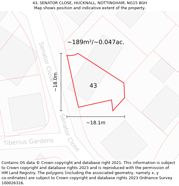 43, SENATOR CLOSE, HUCKNALL, NOTTINGHAM, NG15 8GH: Plot and title map