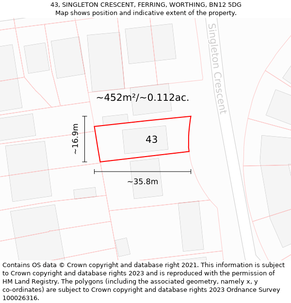 43, SINGLETON CRESCENT, FERRING, WORTHING, BN12 5DG: Plot and title map