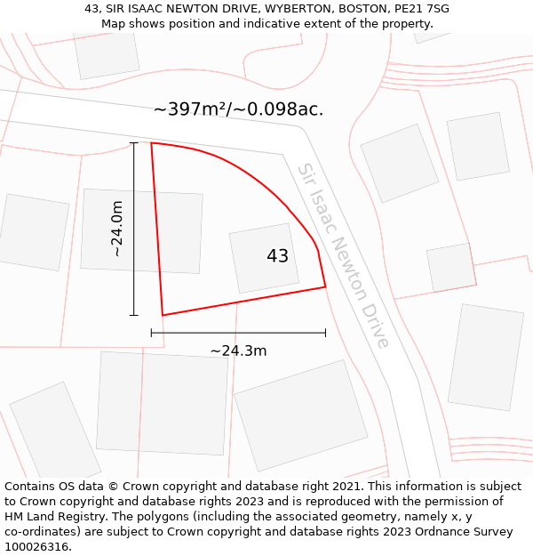 43, SIR ISAAC NEWTON DRIVE, WYBERTON, BOSTON, PE21 7SG: Plot and title map