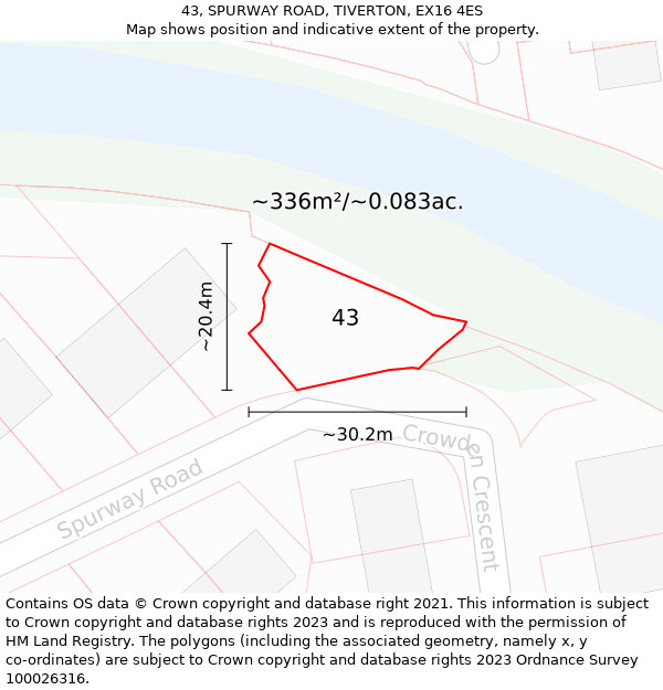 43, SPURWAY ROAD, TIVERTON, EX16 4ES: Plot and title map