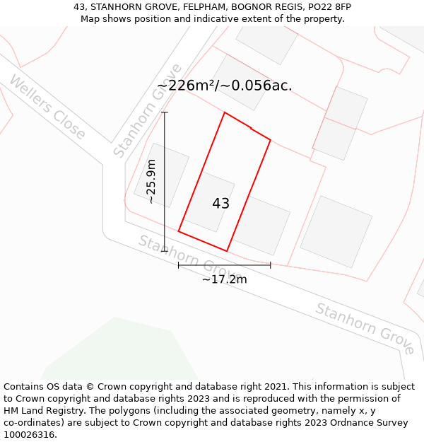 43, STANHORN GROVE, FELPHAM, BOGNOR REGIS, PO22 8FP: Plot and title map