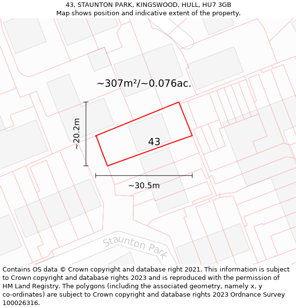 43, STAUNTON PARK, KINGSWOOD, HULL, HU7 3GB: Plot and title map