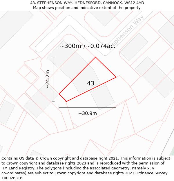 43, STEPHENSON WAY, HEDNESFORD, CANNOCK, WS12 4AD: Plot and title map