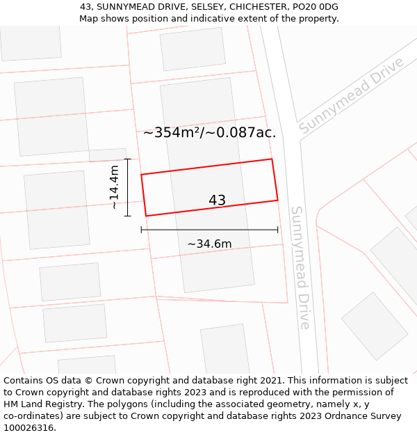 43, SUNNYMEAD DRIVE, SELSEY, CHICHESTER, PO20 0DG: Plot and title map