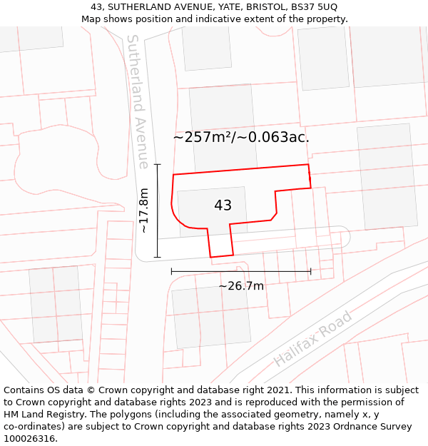 43, SUTHERLAND AVENUE, YATE, BRISTOL, BS37 5UQ: Plot and title map