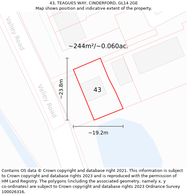 43, TEAGUES WAY, CINDERFORD, GL14 2GE: Plot and title map