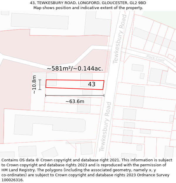 43, TEWKESBURY ROAD, LONGFORD, GLOUCESTER, GL2 9BD: Plot and title map