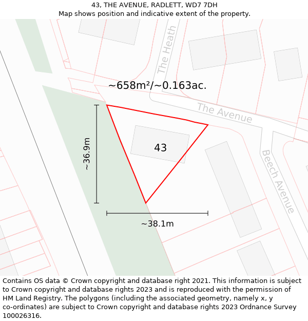 43, THE AVENUE, RADLETT, WD7 7DH: Plot and title map