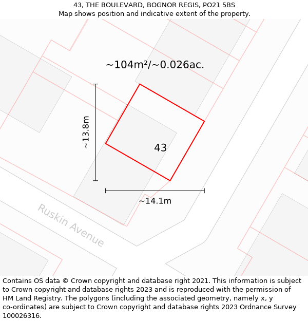 43, THE BOULEVARD, BOGNOR REGIS, PO21 5BS: Plot and title map