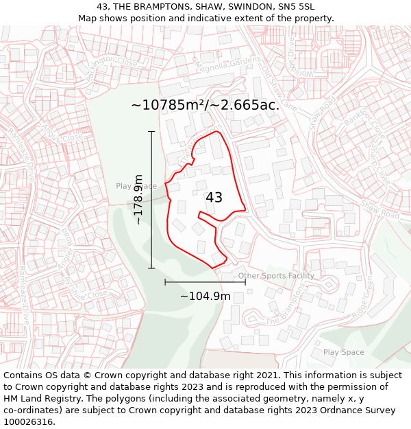 43, THE BRAMPTONS, SHAW, SWINDON, SN5 5SL: Plot and title map