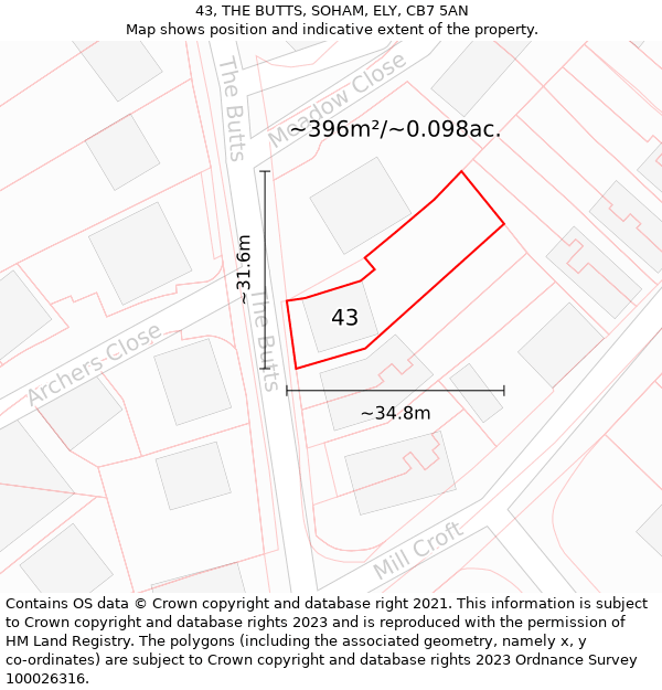 43, THE BUTTS, SOHAM, ELY, CB7 5AN: Plot and title map