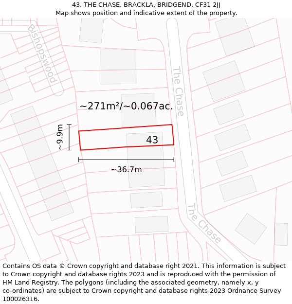 43, THE CHASE, BRACKLA, BRIDGEND, CF31 2JJ: Plot and title map