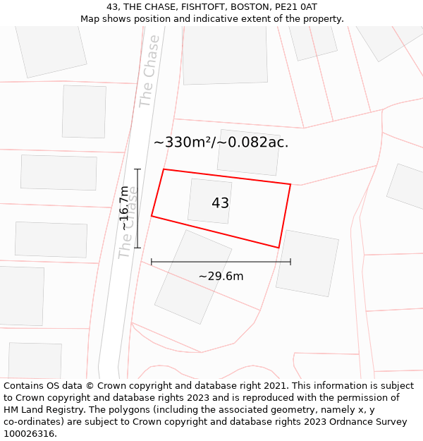 43, THE CHASE, FISHTOFT, BOSTON, PE21 0AT: Plot and title map