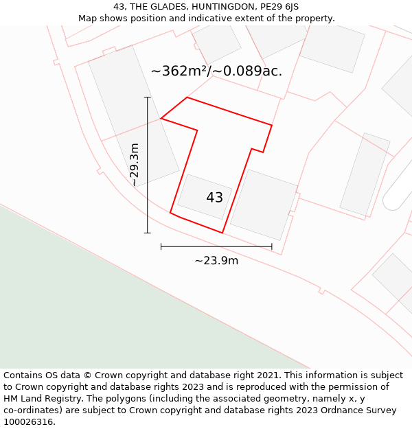 43, THE GLADES, HUNTINGDON, PE29 6JS: Plot and title map