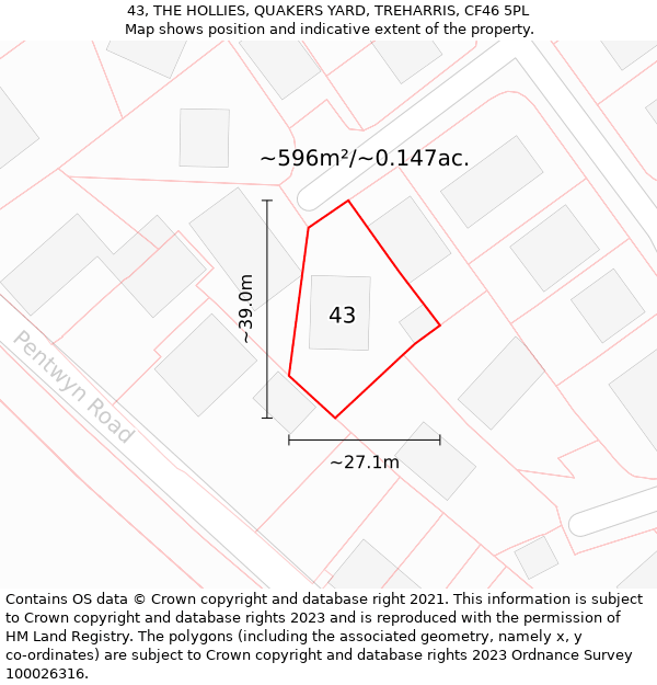 43, THE HOLLIES, QUAKERS YARD, TREHARRIS, CF46 5PL: Plot and title map