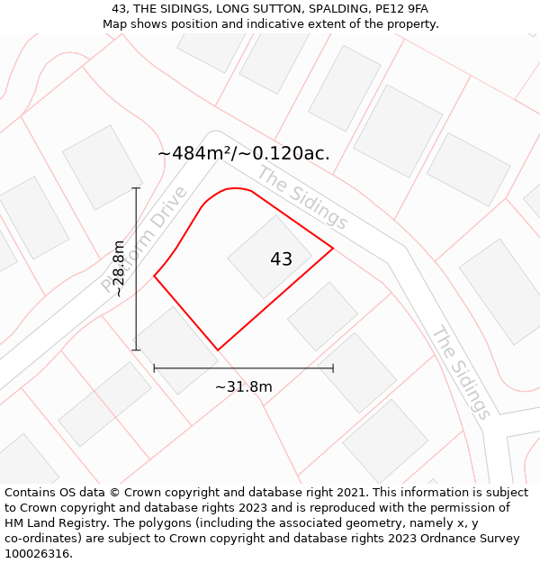 43, THE SIDINGS, LONG SUTTON, SPALDING, PE12 9FA: Plot and title map