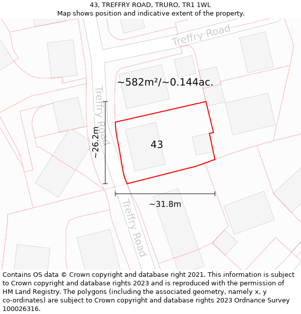 43, TREFFRY ROAD, TRURO, TR1 1WL: Plot and title map