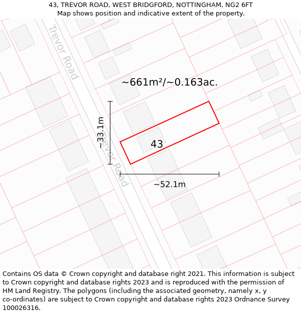 43, TREVOR ROAD, WEST BRIDGFORD, NOTTINGHAM, NG2 6FT: Plot and title map