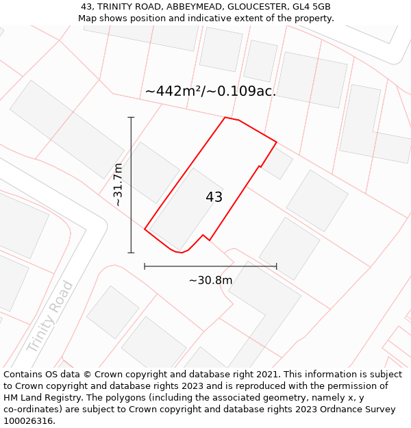 43, TRINITY ROAD, ABBEYMEAD, GLOUCESTER, GL4 5GB: Plot and title map