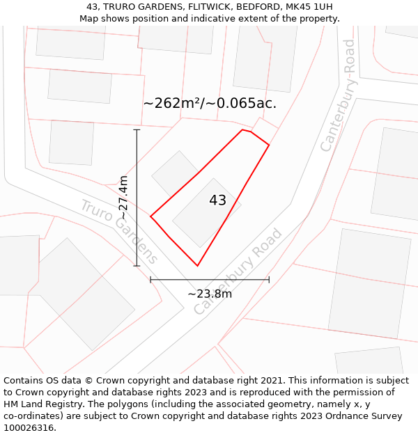 43, TRURO GARDENS, FLITWICK, BEDFORD, MK45 1UH: Plot and title map