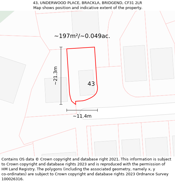 43, UNDERWOOD PLACE, BRACKLA, BRIDGEND, CF31 2LR: Plot and title map