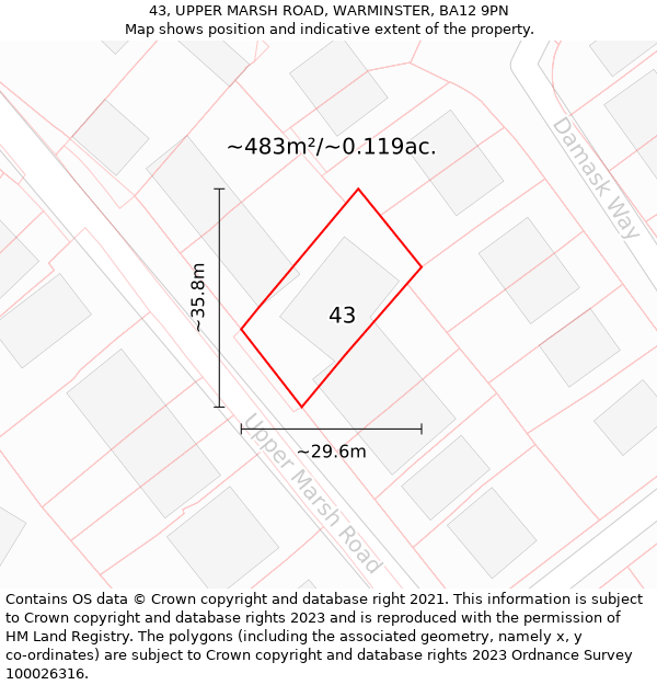 43, UPPER MARSH ROAD, WARMINSTER, BA12 9PN: Plot and title map