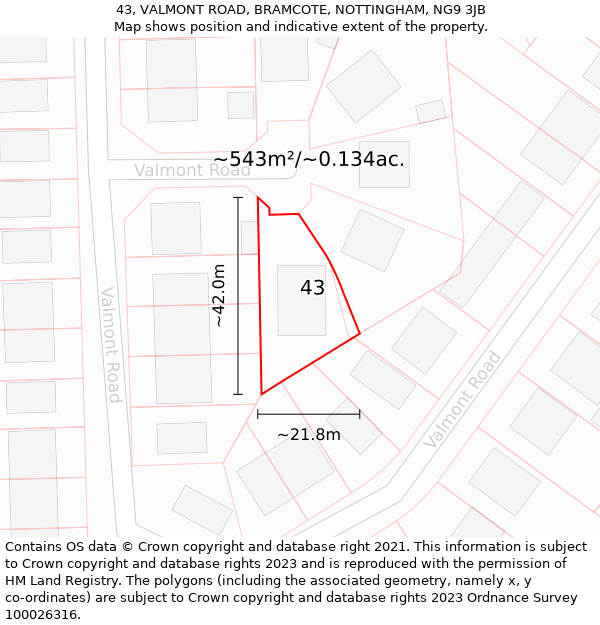 43, VALMONT ROAD, BRAMCOTE, NOTTINGHAM, NG9 3JB: Plot and title map