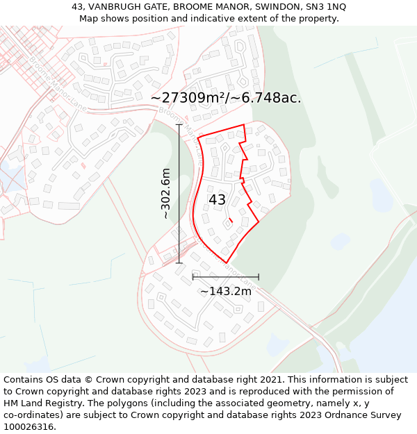 43, VANBRUGH GATE, BROOME MANOR, SWINDON, SN3 1NQ: Plot and title map