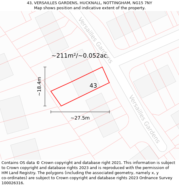 43, VERSAILLES GARDENS, HUCKNALL, NOTTINGHAM, NG15 7NY: Plot and title map