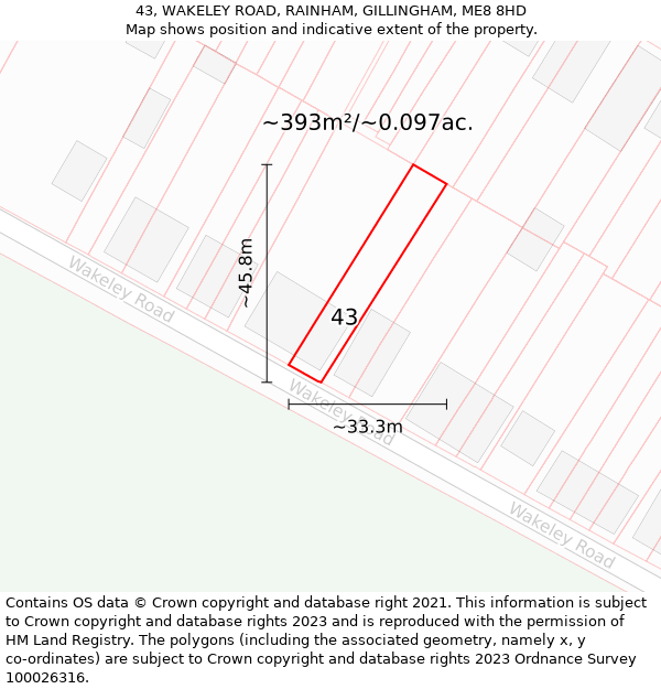 43, WAKELEY ROAD, RAINHAM, GILLINGHAM, ME8 8HD: Plot and title map