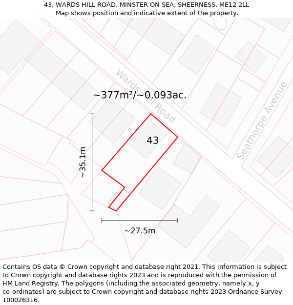 43, WARDS HILL ROAD, MINSTER ON SEA, SHEERNESS, ME12 2LL: Plot and title map