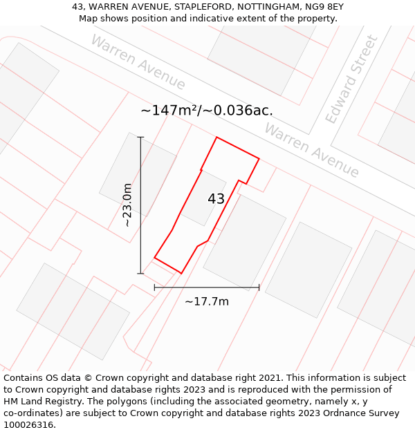 43, WARREN AVENUE, STAPLEFORD, NOTTINGHAM, NG9 8EY: Plot and title map