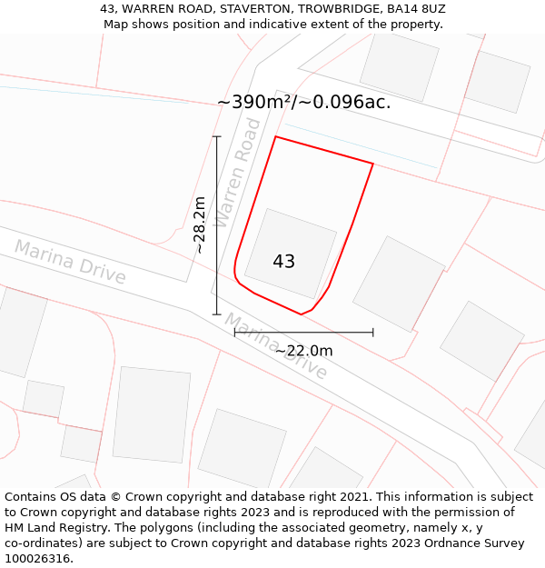 43, WARREN ROAD, STAVERTON, TROWBRIDGE, BA14 8UZ: Plot and title map