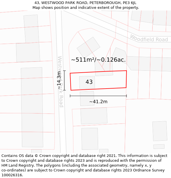 43, WESTWOOD PARK ROAD, PETERBOROUGH, PE3 6JL: Plot and title map