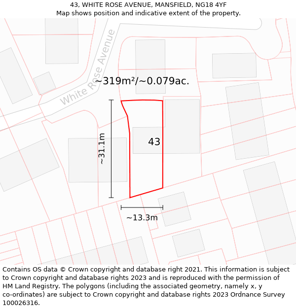 43, WHITE ROSE AVENUE, MANSFIELD, NG18 4YF: Plot and title map