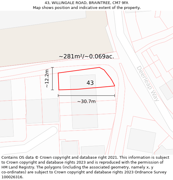 43, WILLINGALE ROAD, BRAINTREE, CM7 9FA: Plot and title map
