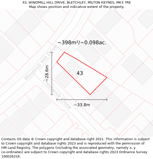 43, WINDMILL HILL DRIVE, BLETCHLEY, MILTON KEYNES, MK3 7RE: Plot and title map