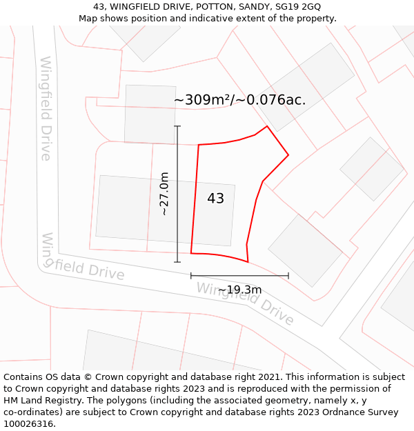 43, WINGFIELD DRIVE, POTTON, SANDY, SG19 2GQ: Plot and title map