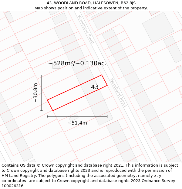 43, WOODLAND ROAD, HALESOWEN, B62 8JS: Plot and title map