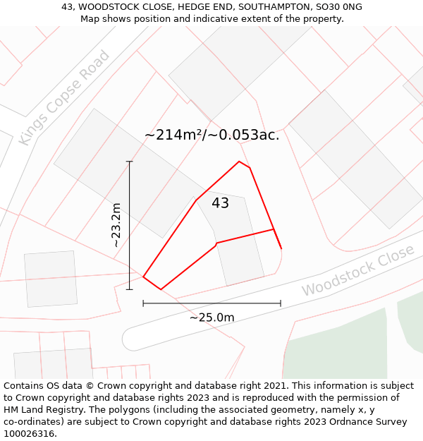 43, WOODSTOCK CLOSE, HEDGE END, SOUTHAMPTON, SO30 0NG: Plot and title map